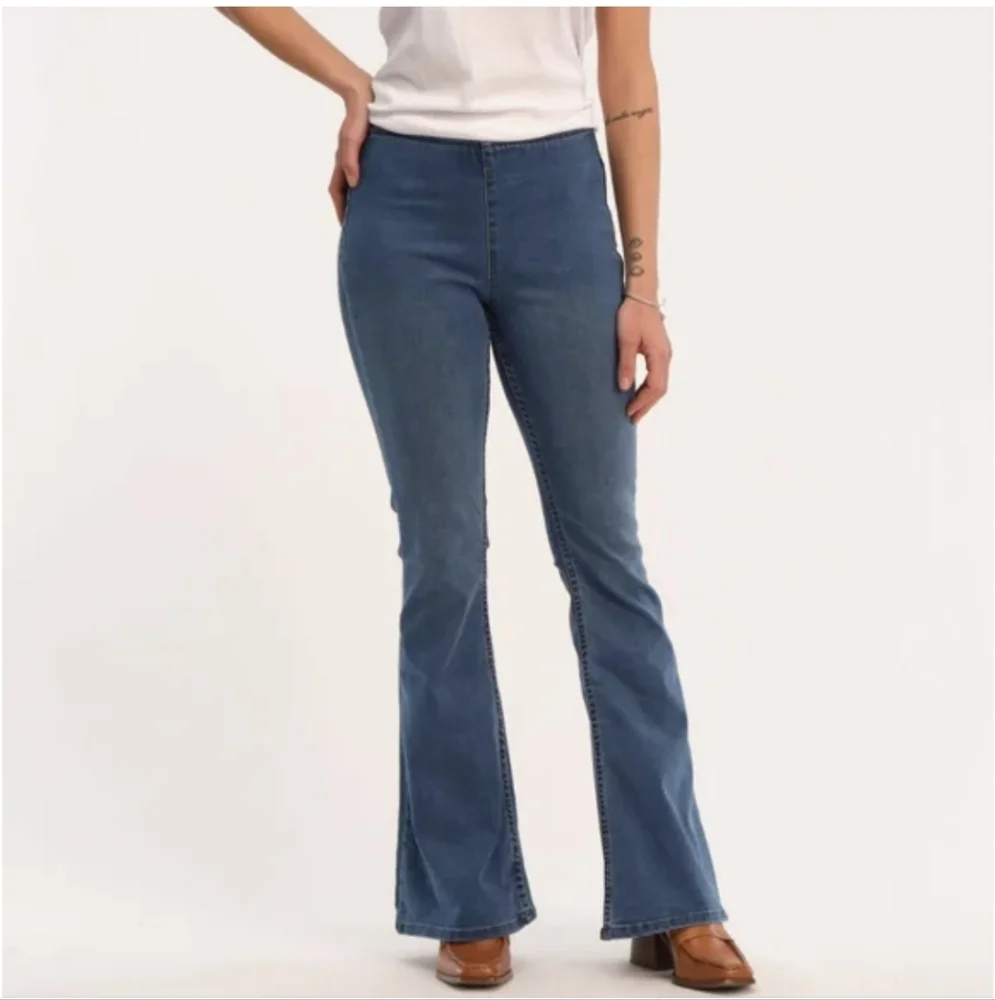 Blue Pullon Elastic Waist Flare Jeans Boho Western Hippie Rodeo Festival Large